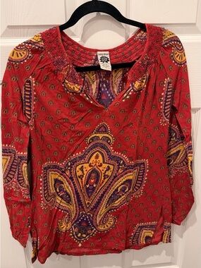 Lucky Brand Red Paisley Peasant Blouse with Yellow & Purple Accents
